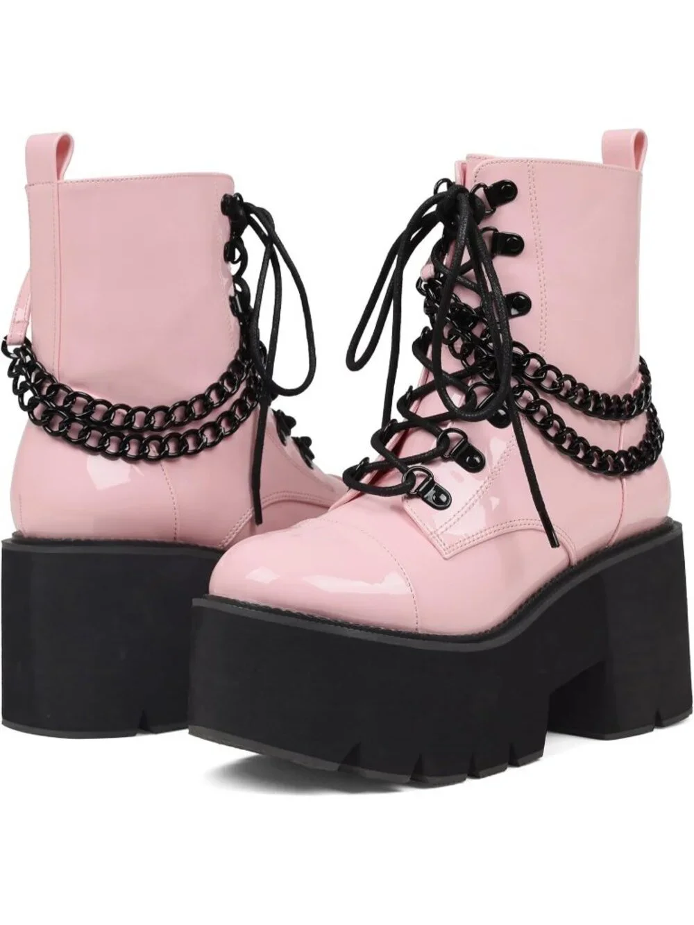 Women's Pink Rubber Platform Chunky Wedge Lace Up Chain Zipper Ankle Booties